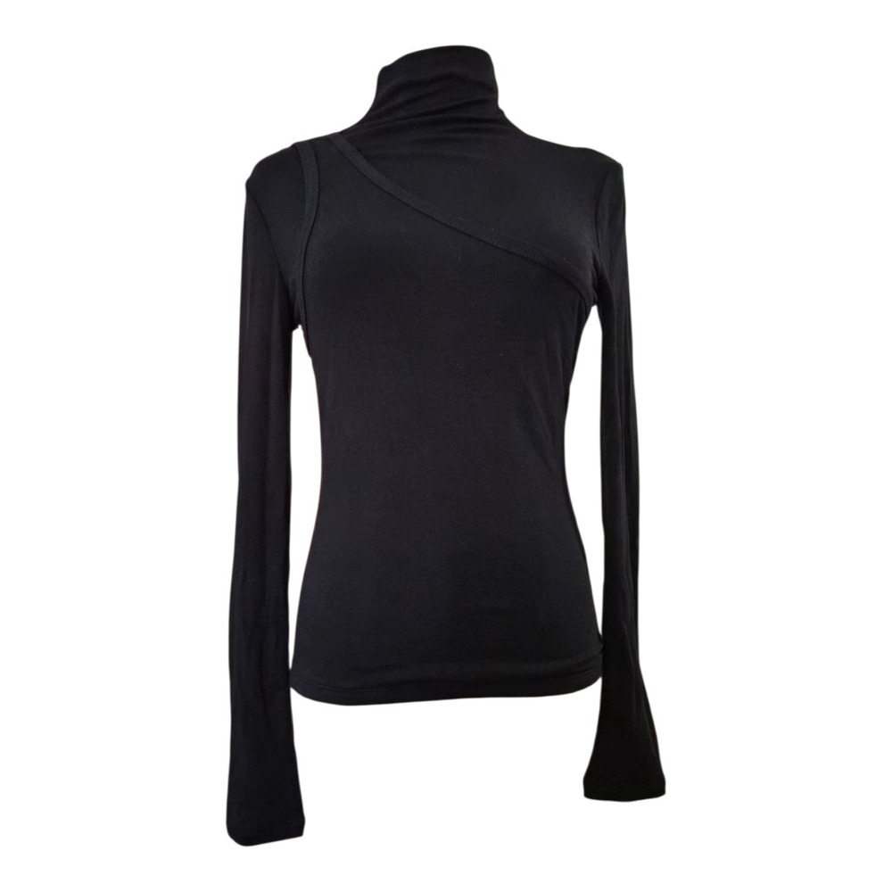 COMMENSE Black Cutout Turtleneck Top Small Asymmetrical Long Sleeve Y2K Goth